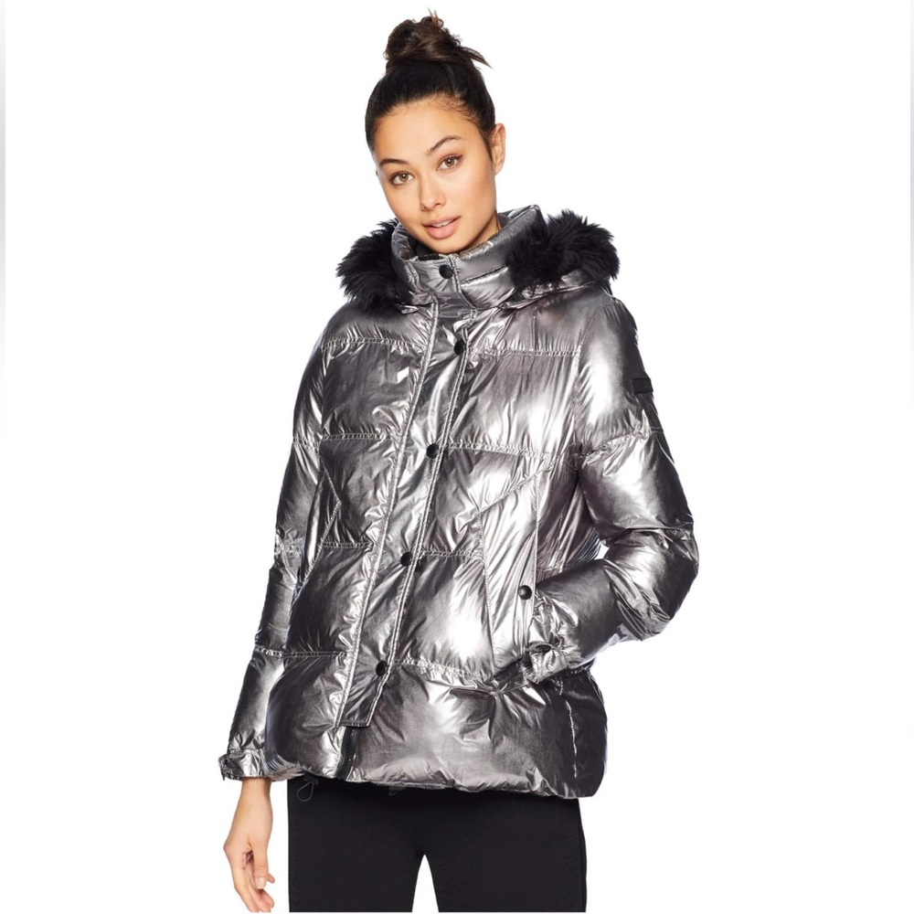 Silver Puffer Jacket with Black Faux Fur Trim